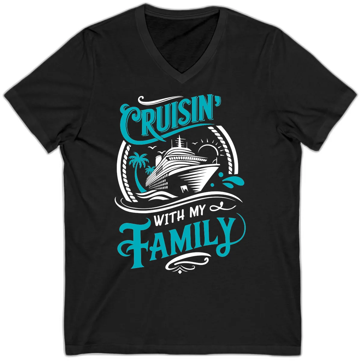 Cruisin' With My Family Cruise Design V-Neck in Black