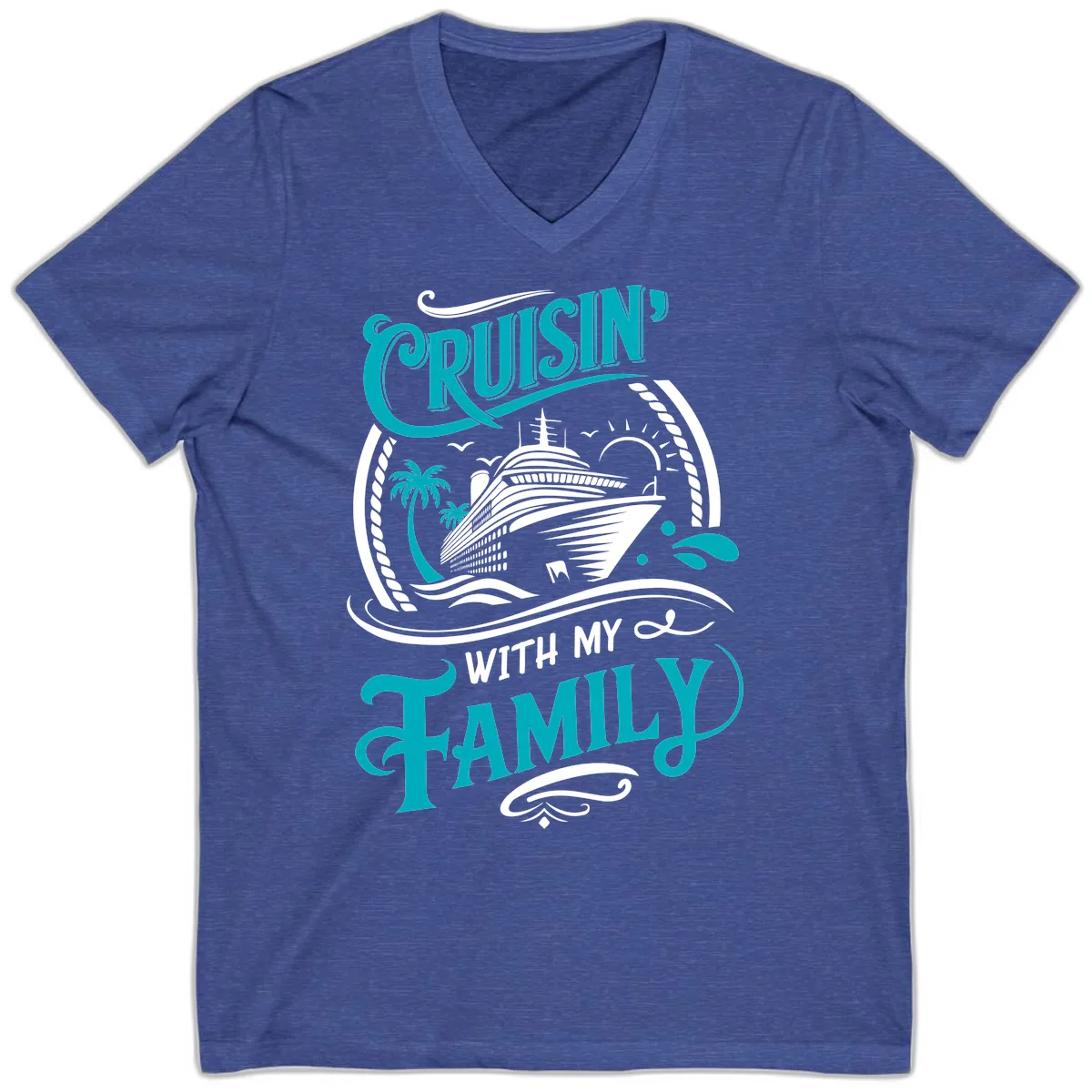Cruisin' With My Family Cruise Design V-Neck in Heather True Royal