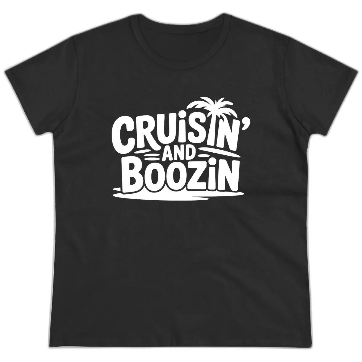 Cruisin' And Boozin' Palm Tree Ladies Tee in Black