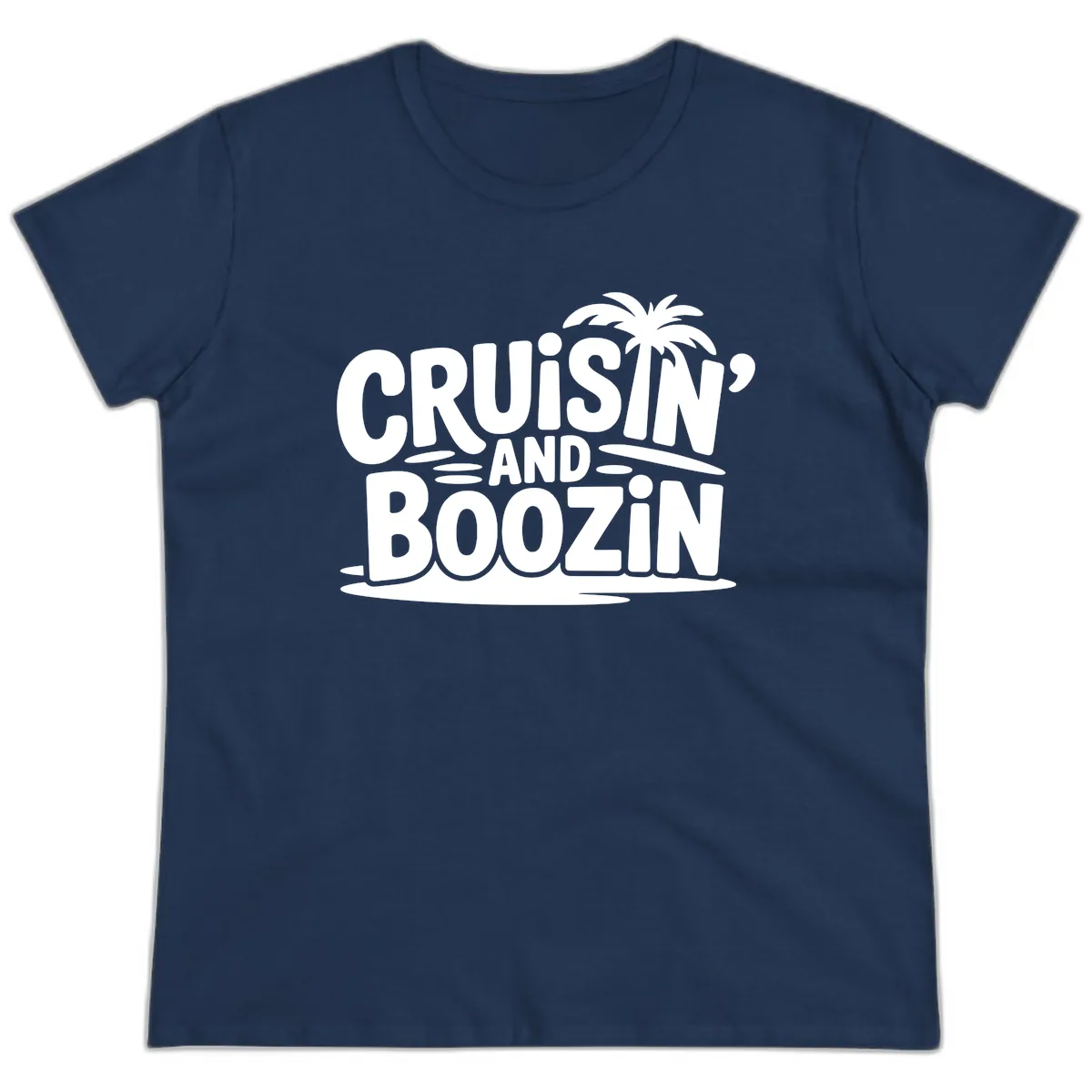 Cruisin' And Boozin' Palm Tree Ladies Tee in Navy