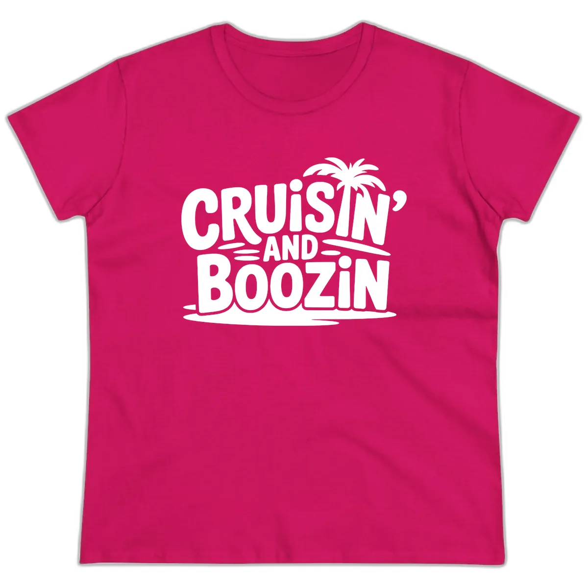 Cruisin' And Boozin' Palm Tree Ladies Tee in Heliconia