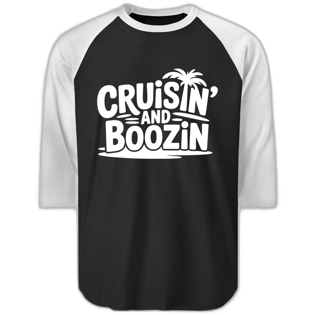 Cruisin' And Boozin' Palm Tree Raglan 3/4 in Black White