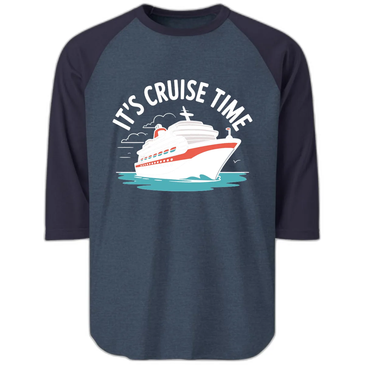 It's Cruise Time Ship Graphic Raglan 3/4 in Heather Denim Navy