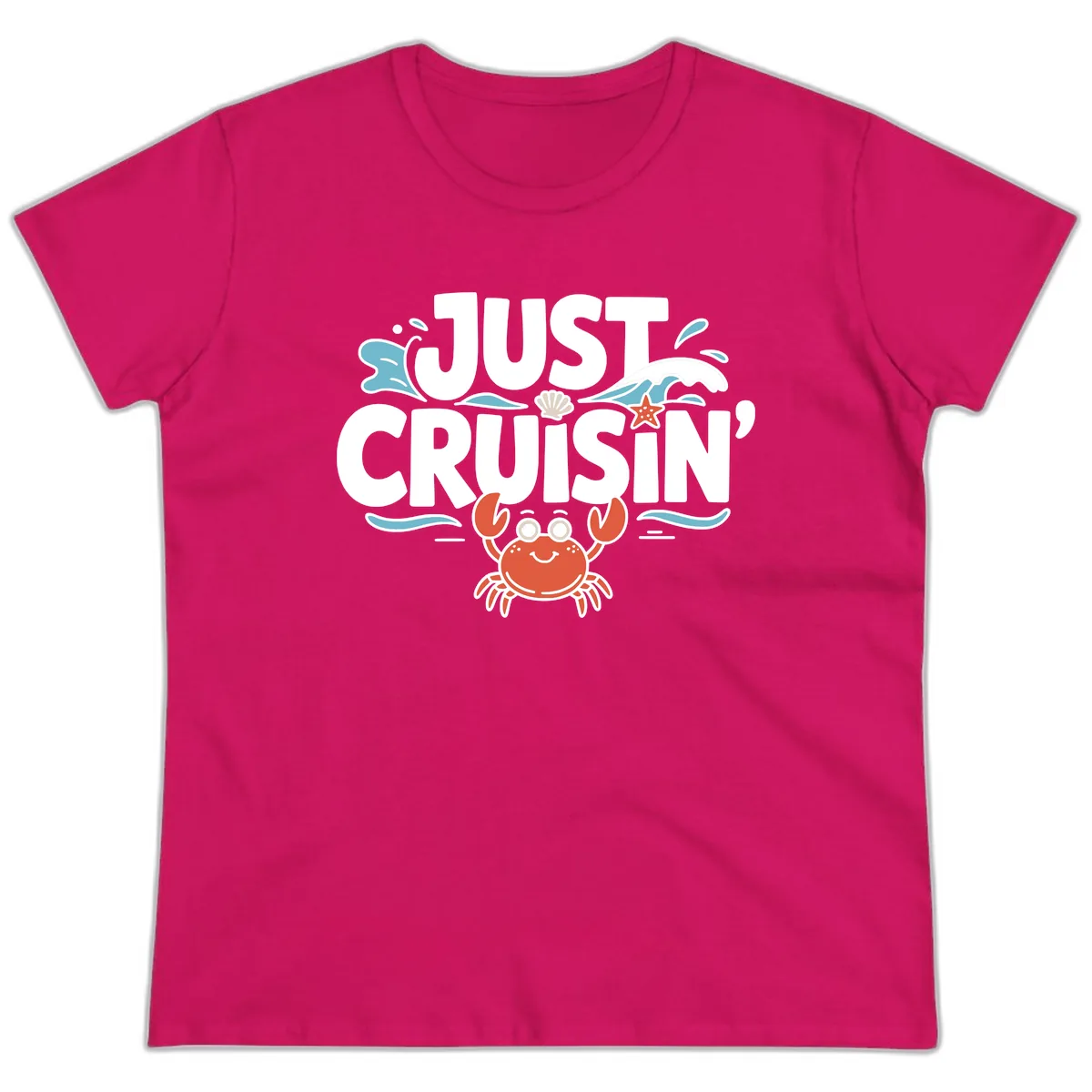 Just Cruisin Crab Vacation Design Ladies Tee in Heliconia