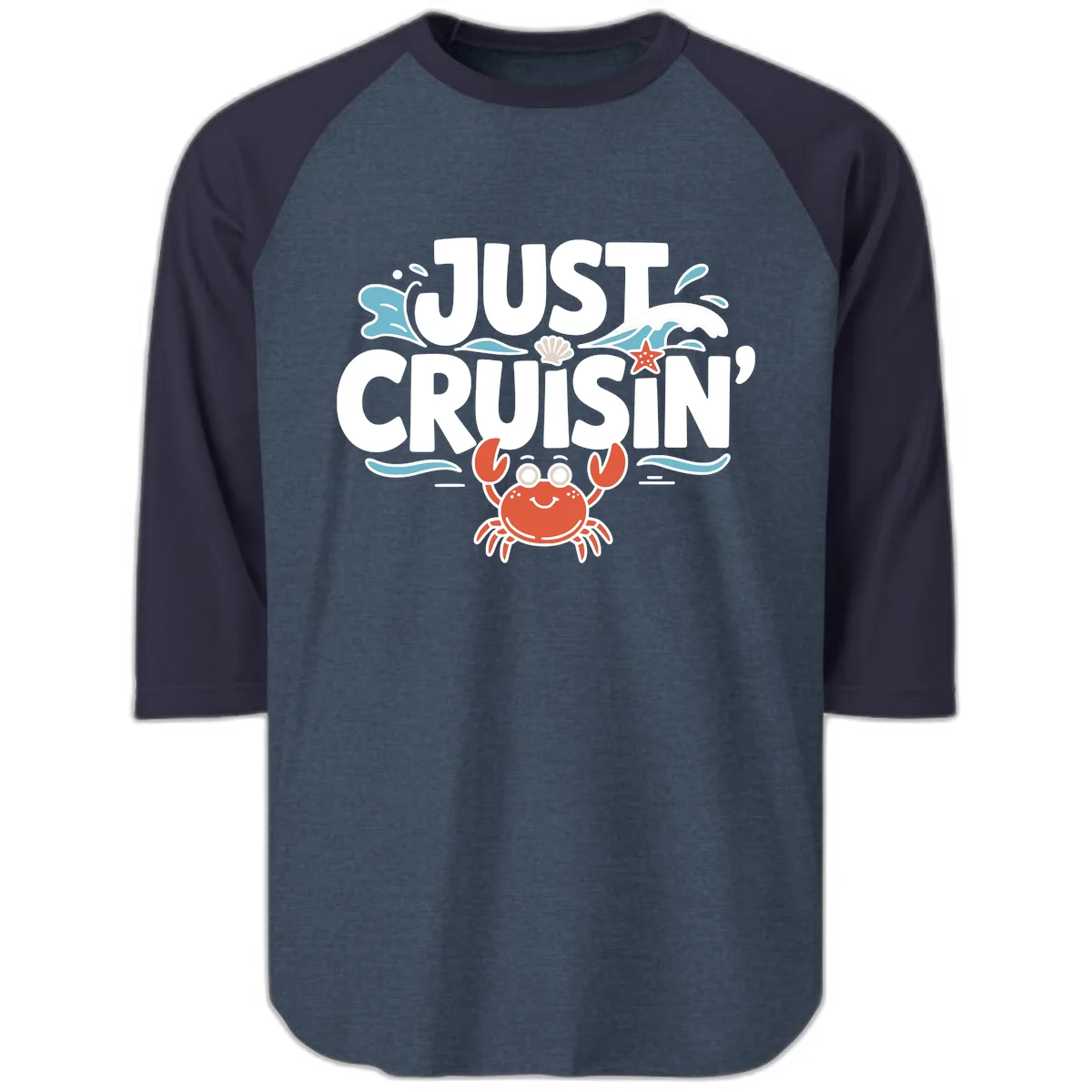 Just Cruisin Crab Vacation Design Raglan 3/4 in Heather Denim Navy