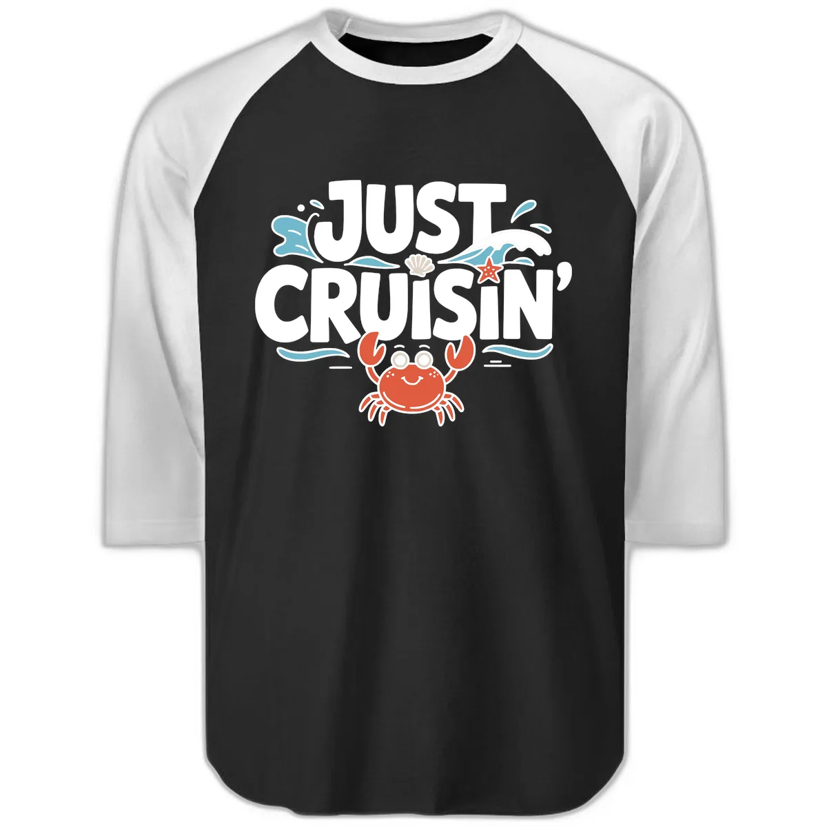 Just Cruisin Crab Vacation Design Raglan 3/4 in Black White