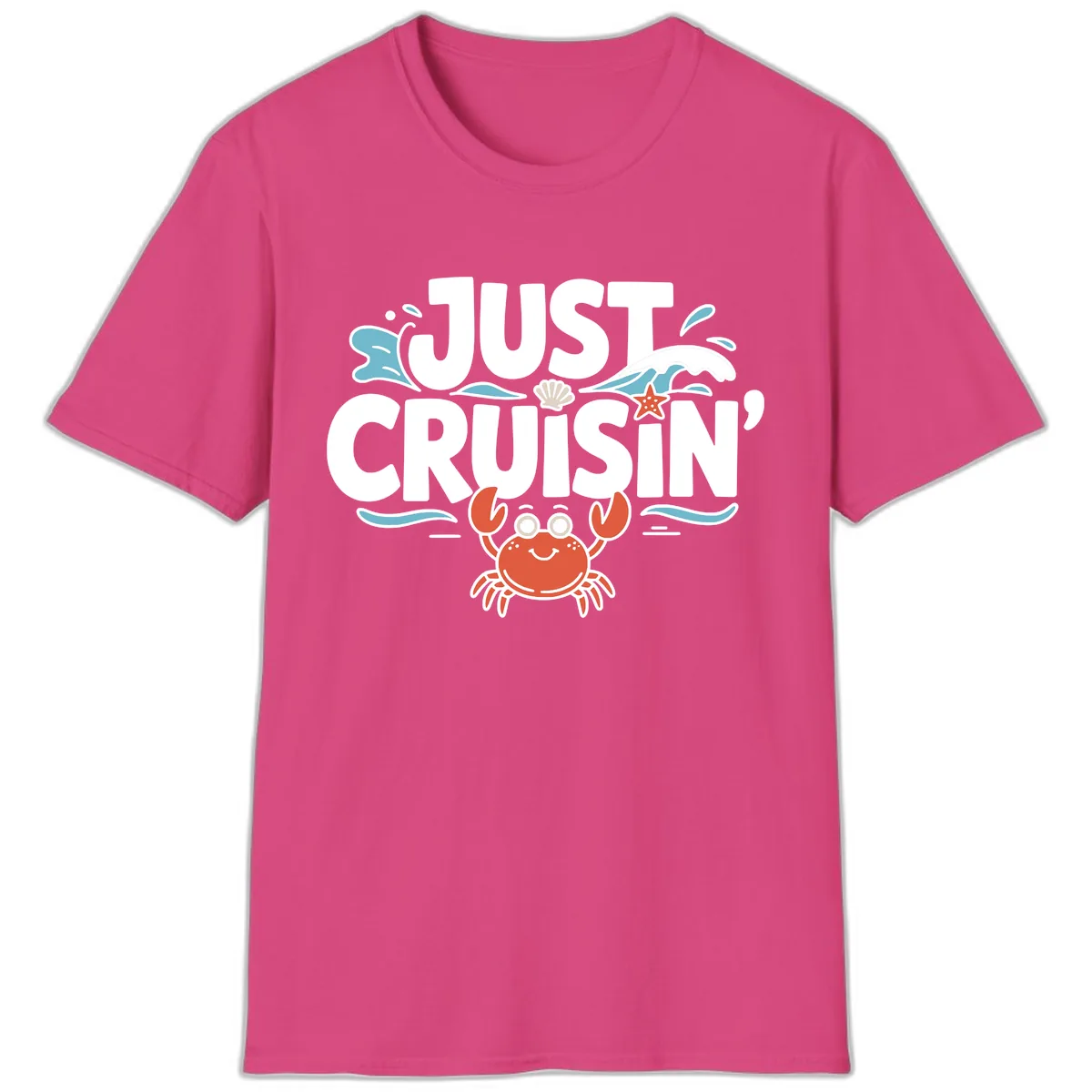 Just Cruisin Crab Vacation Design T-Shirt in Heliconia