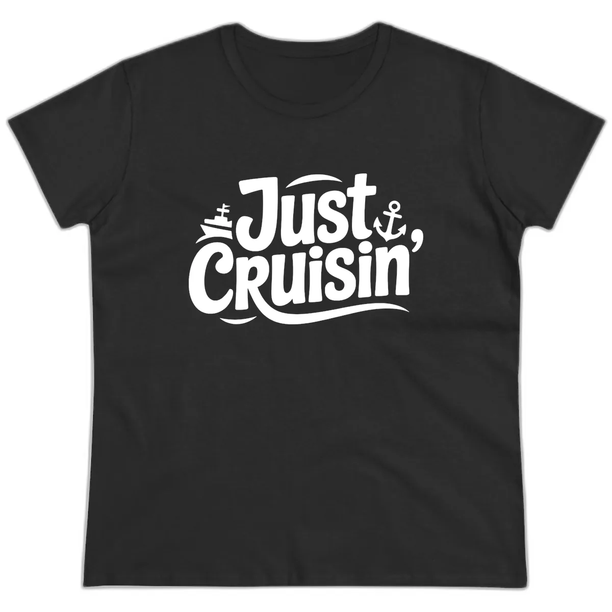 Just Cruisin' with Ship and Anchor Ladies Tee in Black