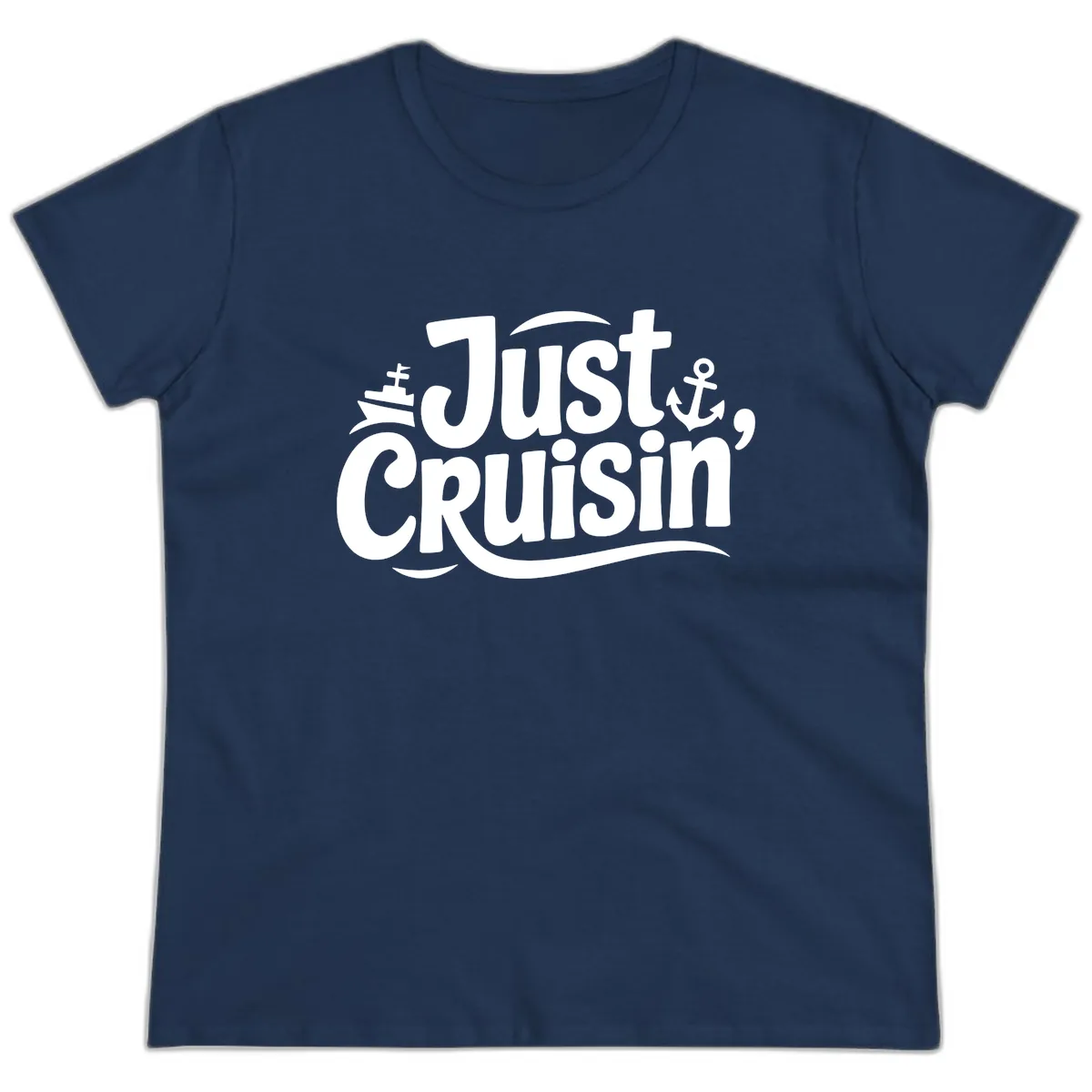 Just Cruisin' with Ship and Anchor Ladies Tee in Navy