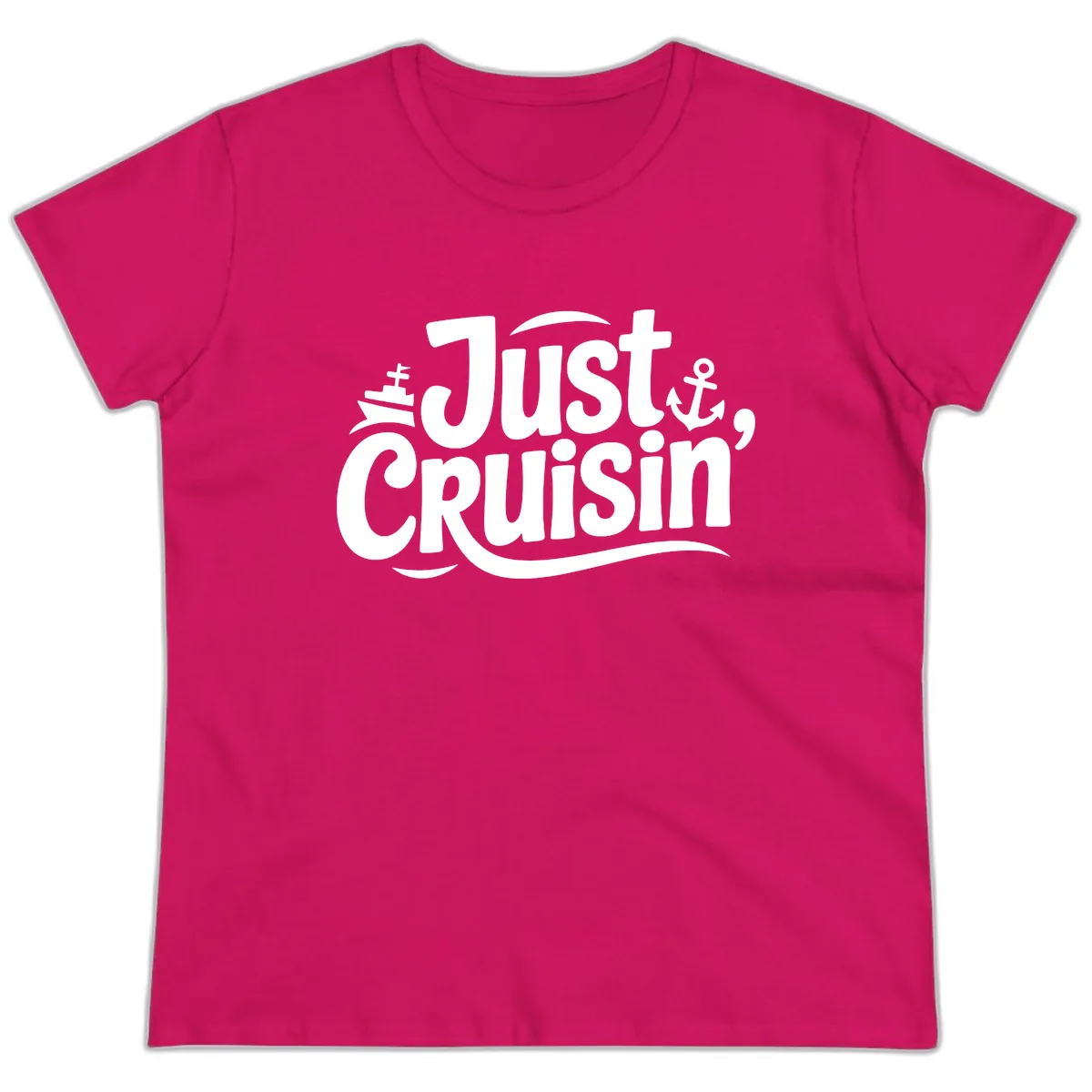 Just Cruisin' with Ship and Anchor Ladies Tee in Heliconia