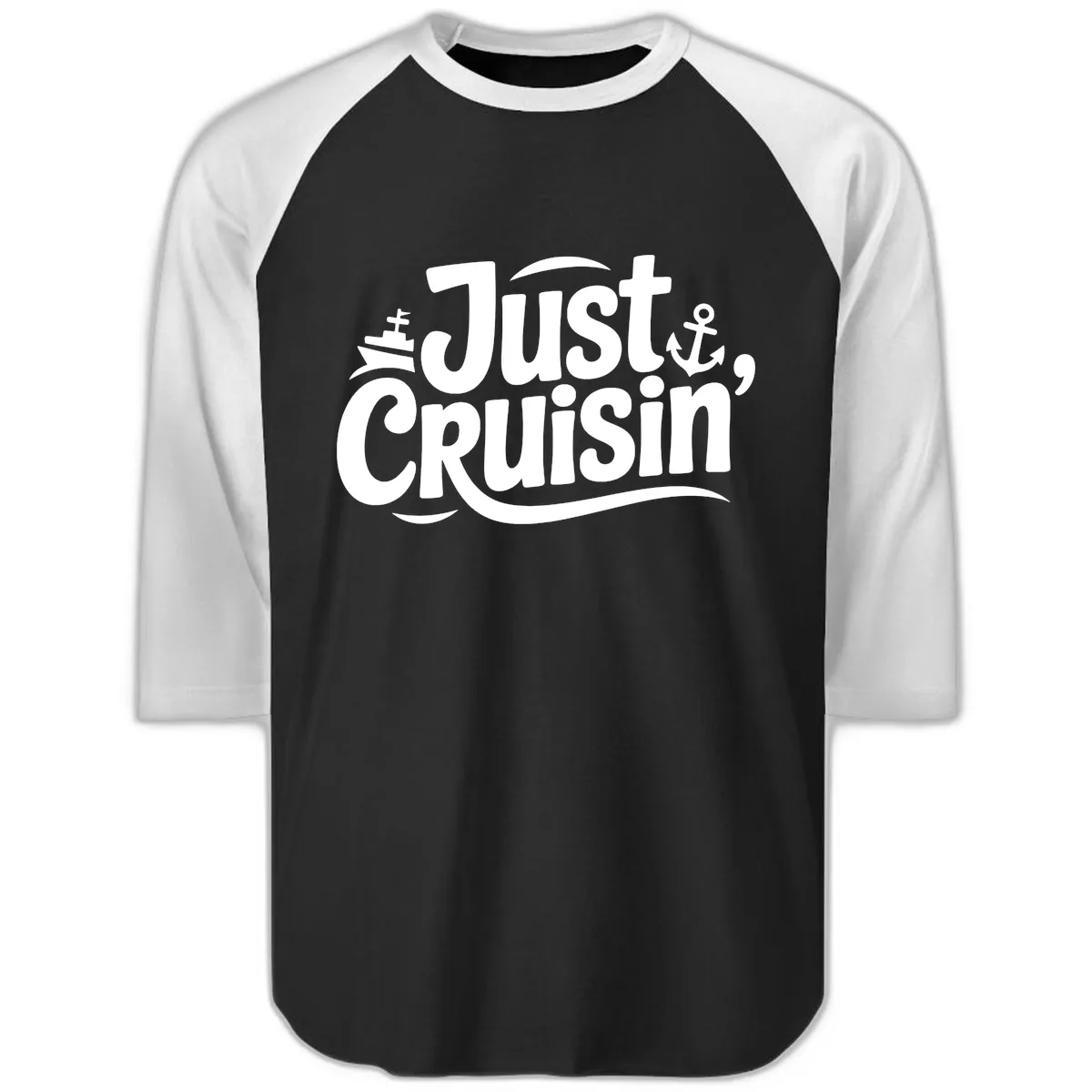 Just Cruisin' with Ship and Anchor Raglan 3/4 in Black White