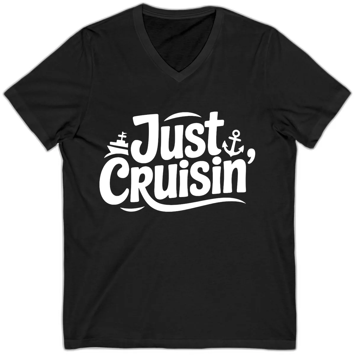 Just Cruisin' with Ship and Anchor V-Neck in Black