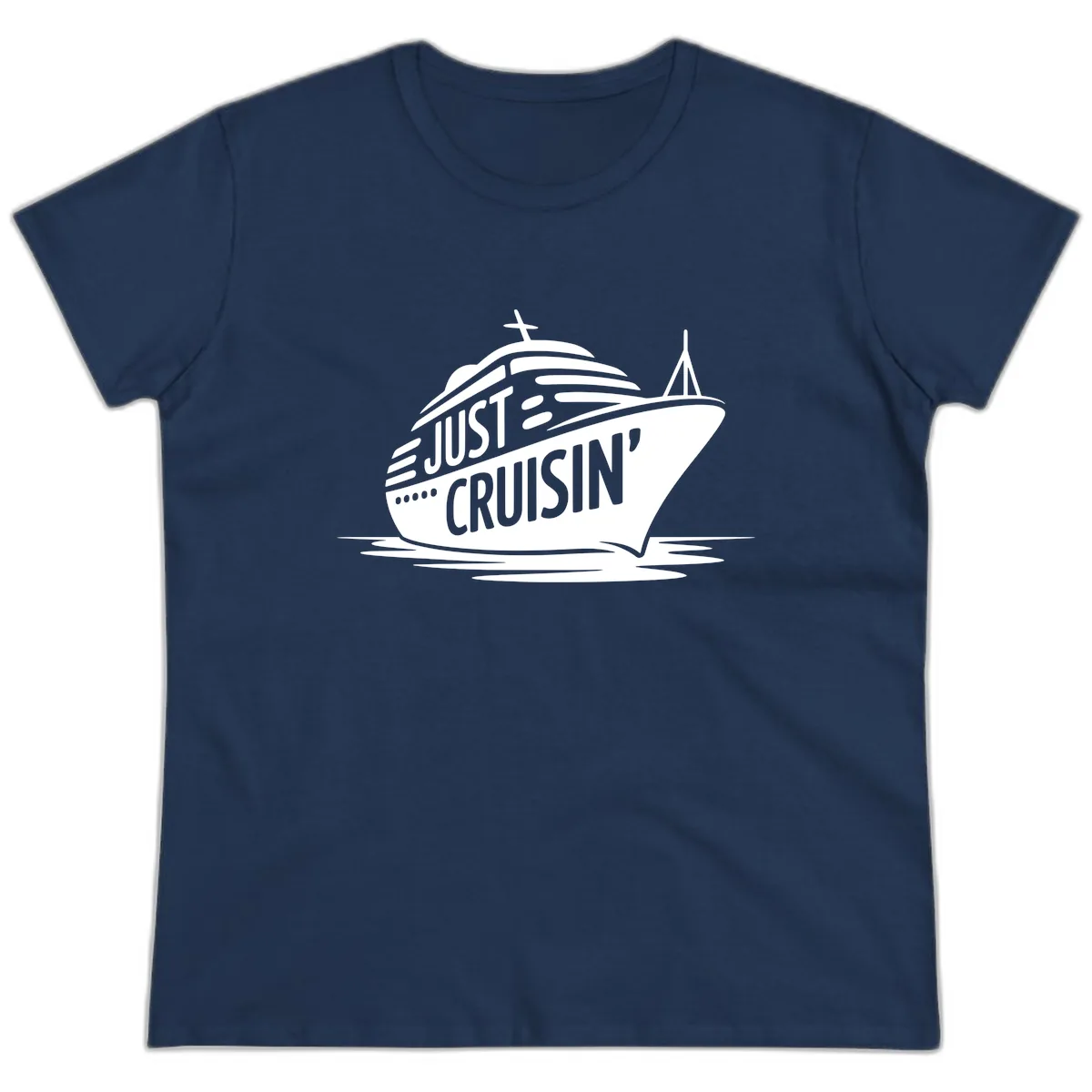 Just Cruisin' Cruise Ship Design Ladies Tee in Navy