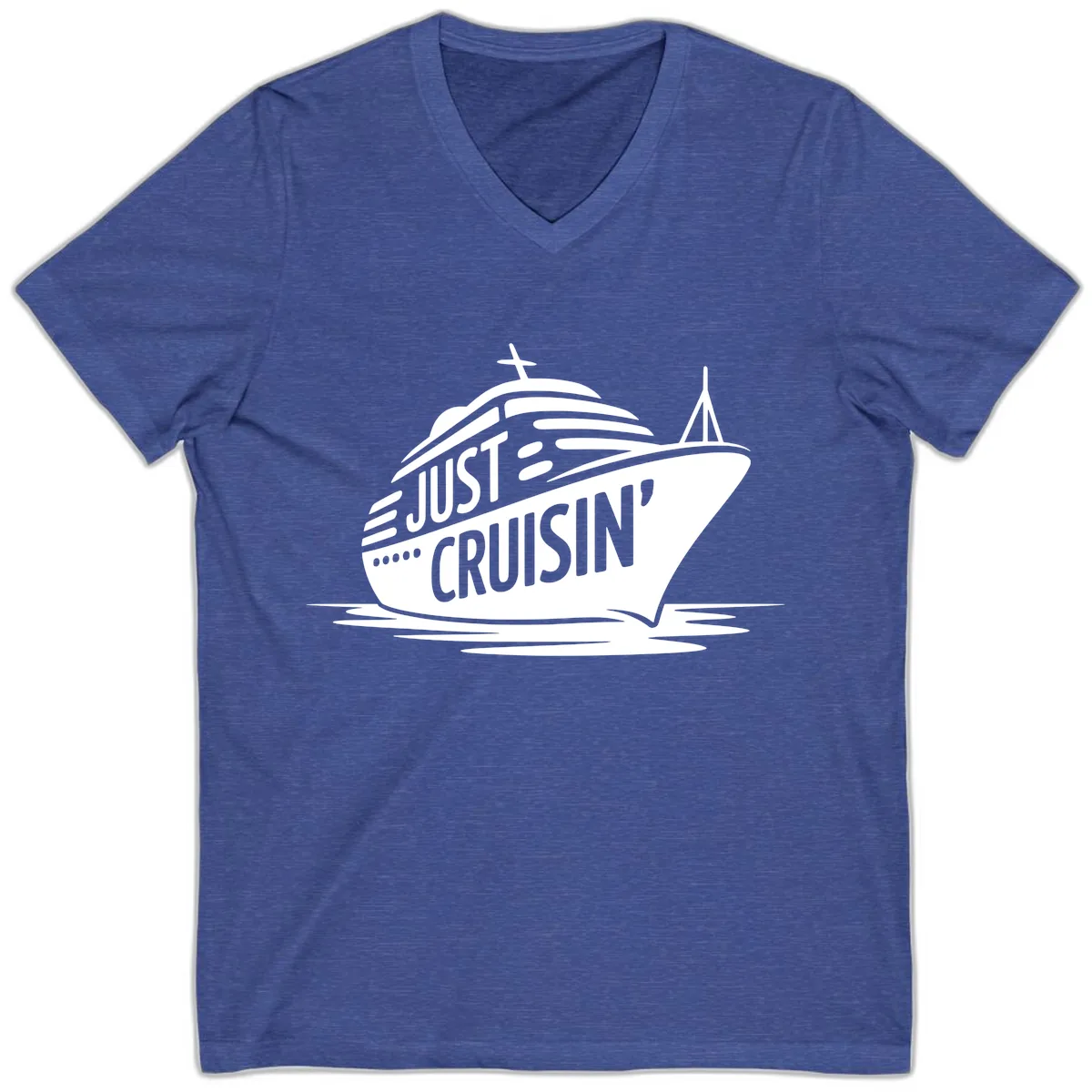 Just Cruisin' Cruise Ship Design V-Neck in Heather True Royal