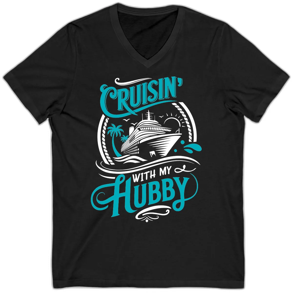 Cruisin With My Hubby Cruise Ship Design V-Neck in Black