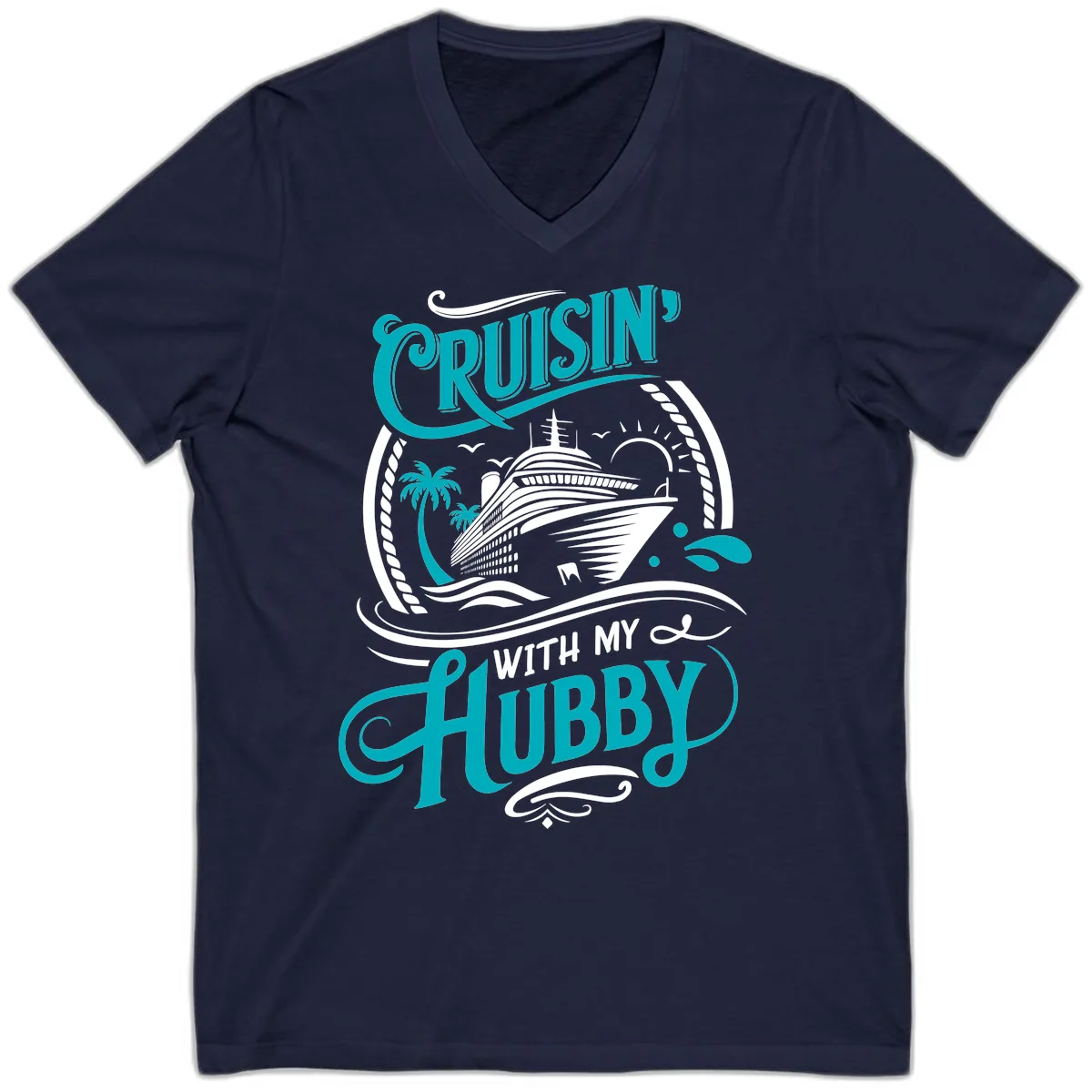 Cruisin With My Hubby Cruise Ship Design V-Neck in Navy