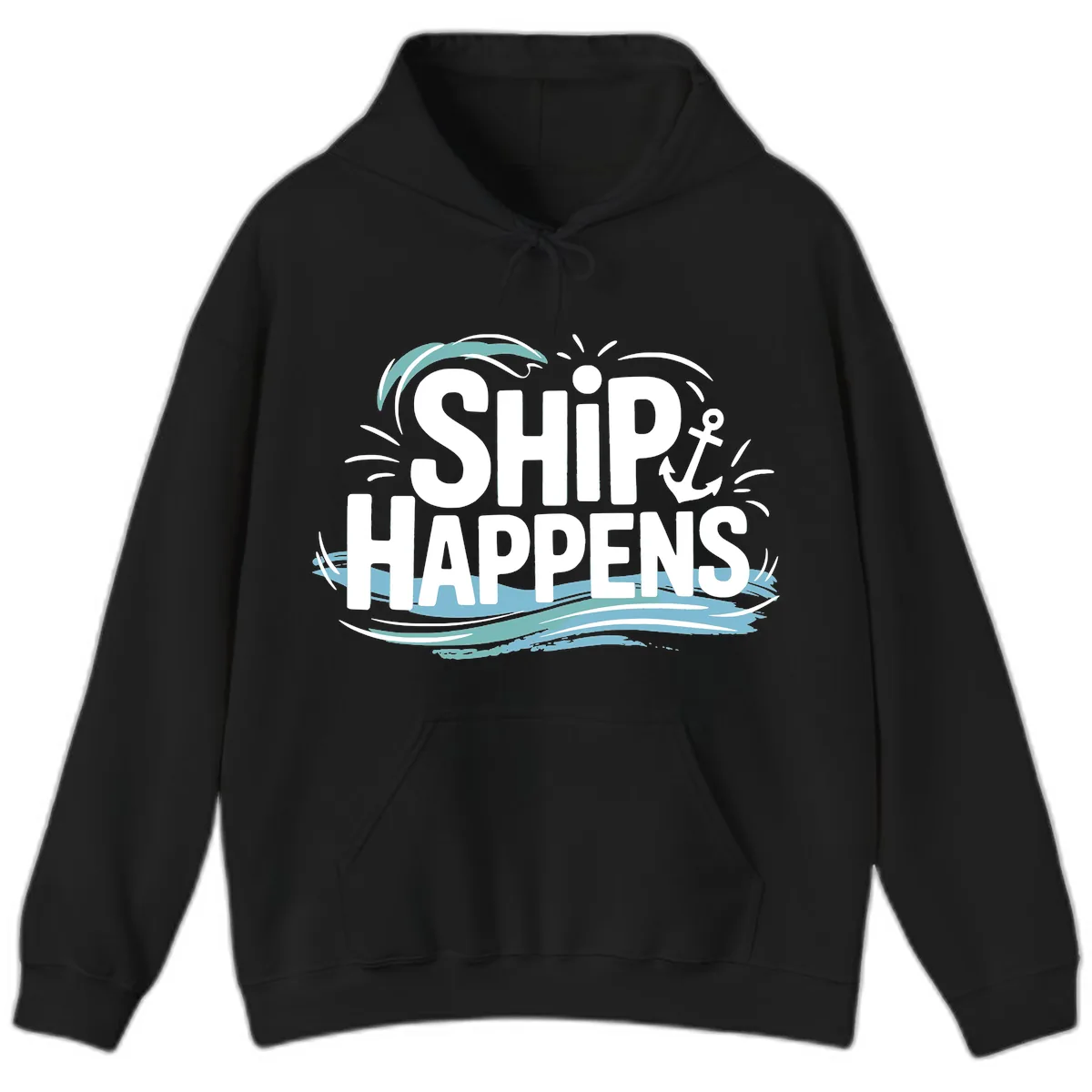 Ship Happens Nautical Text Design Hoodie in Black