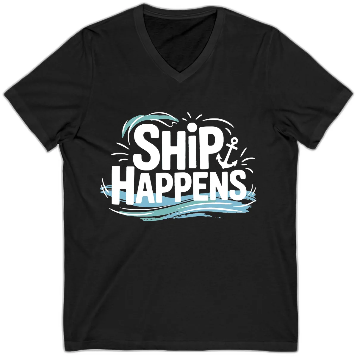 Ship Happens Nautical Text Design V-Neck in Black