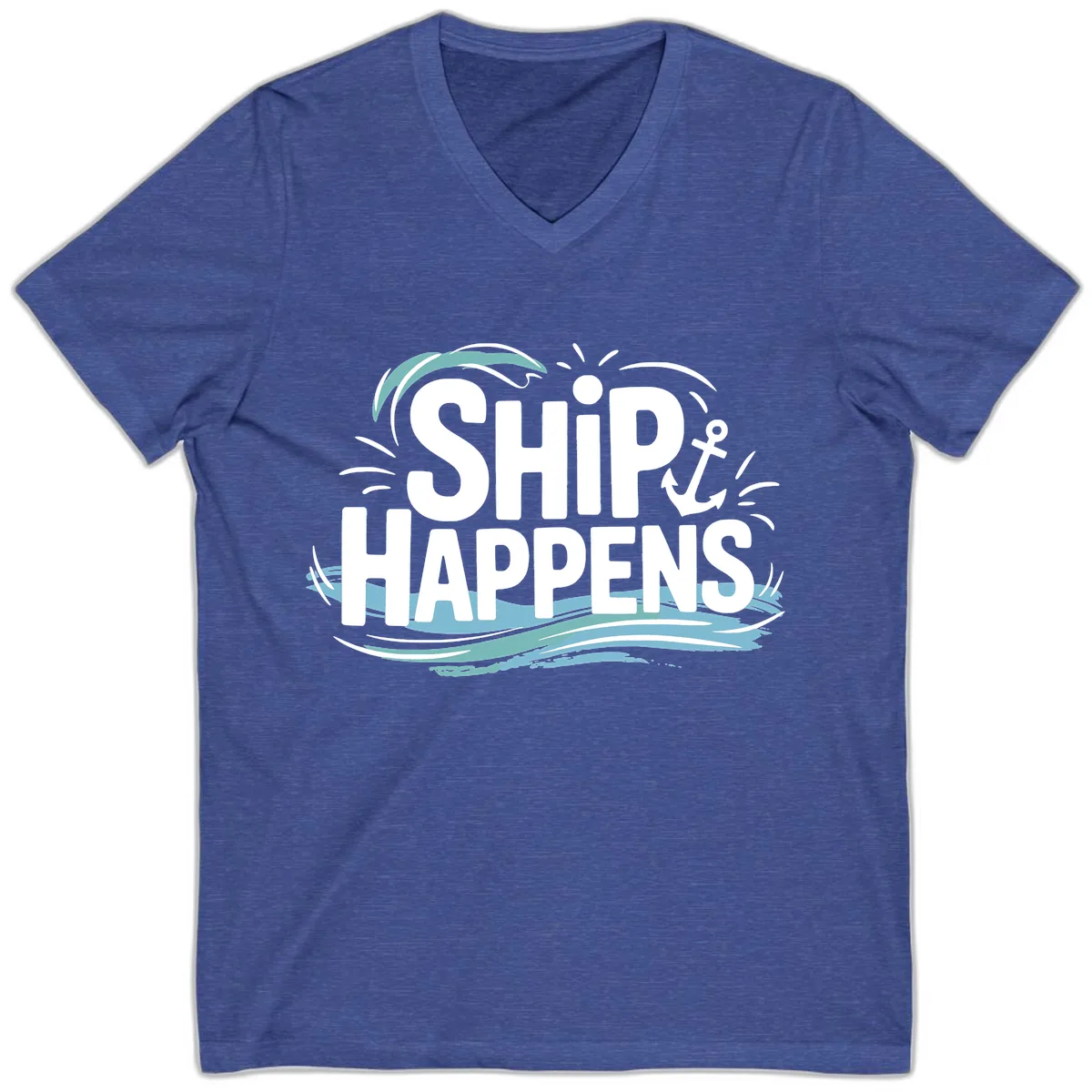 Ship Happens Nautical Text Design V-Neck in Heather True Royal