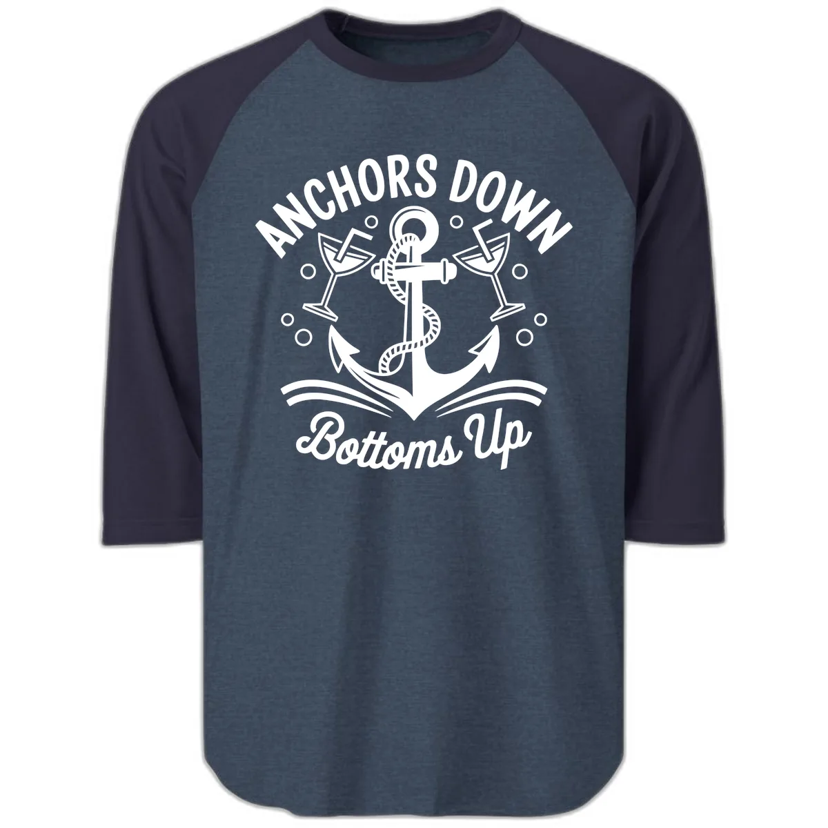 Anchors Down Bottoms Up Cruise Design Raglan 3/4 in Heather Denim Navy