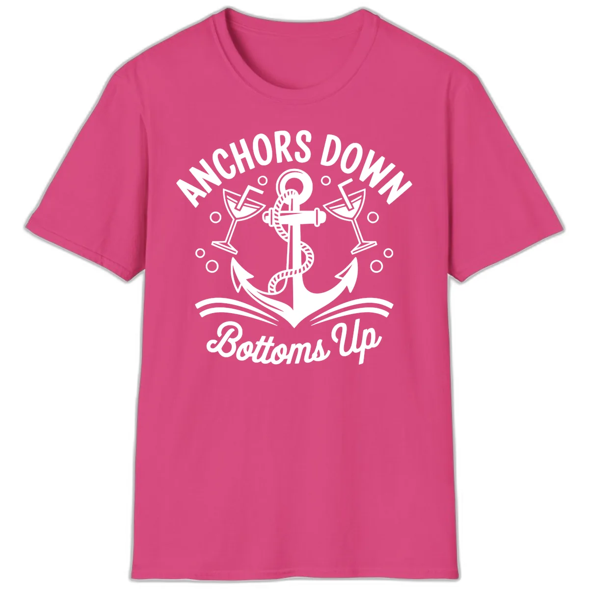 Anchors Down Bottoms Up Cruise Design T-Shirt in Heliconia