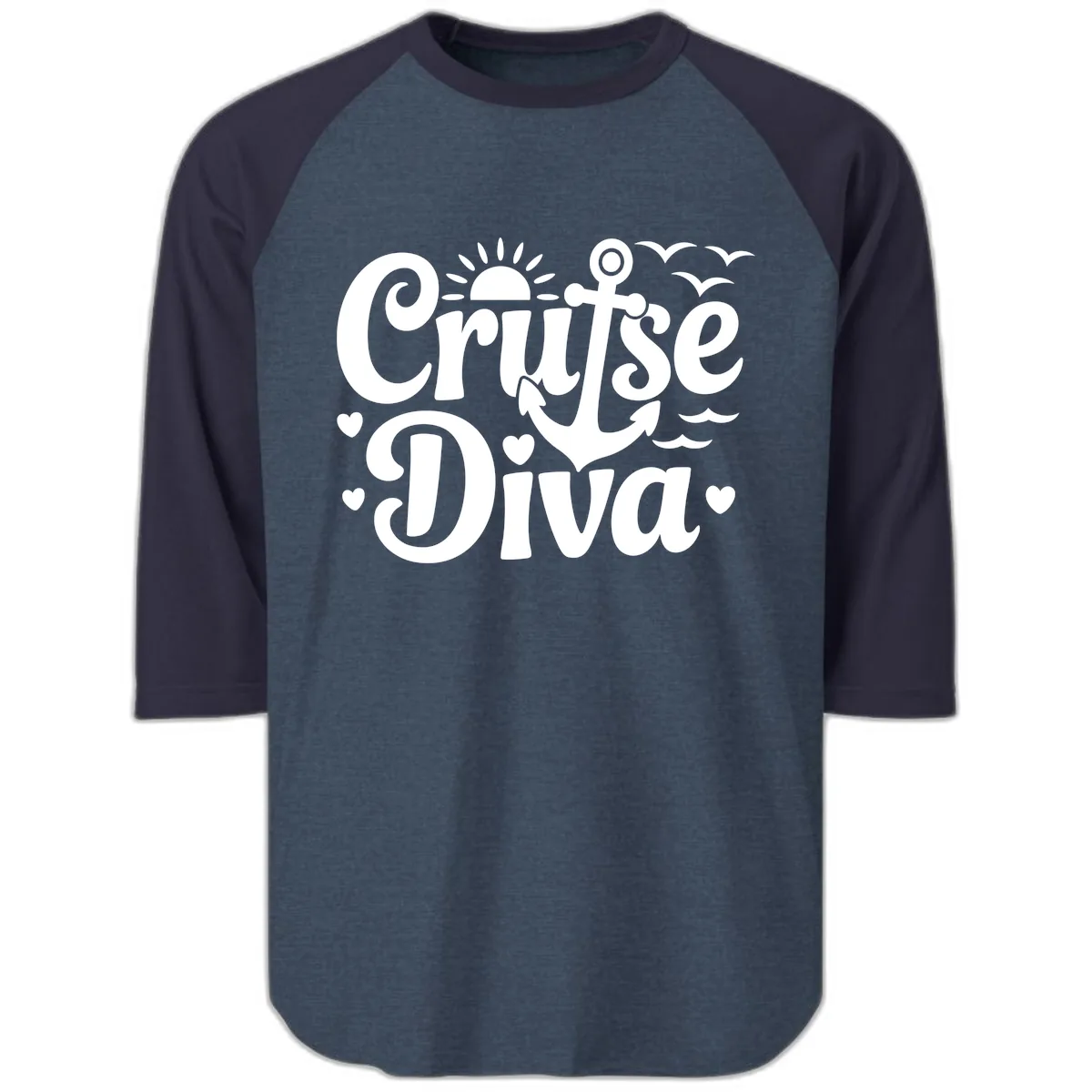 Cruise Diva Anchor Sun Design Raglan 3/4 in Heather Denim Navy