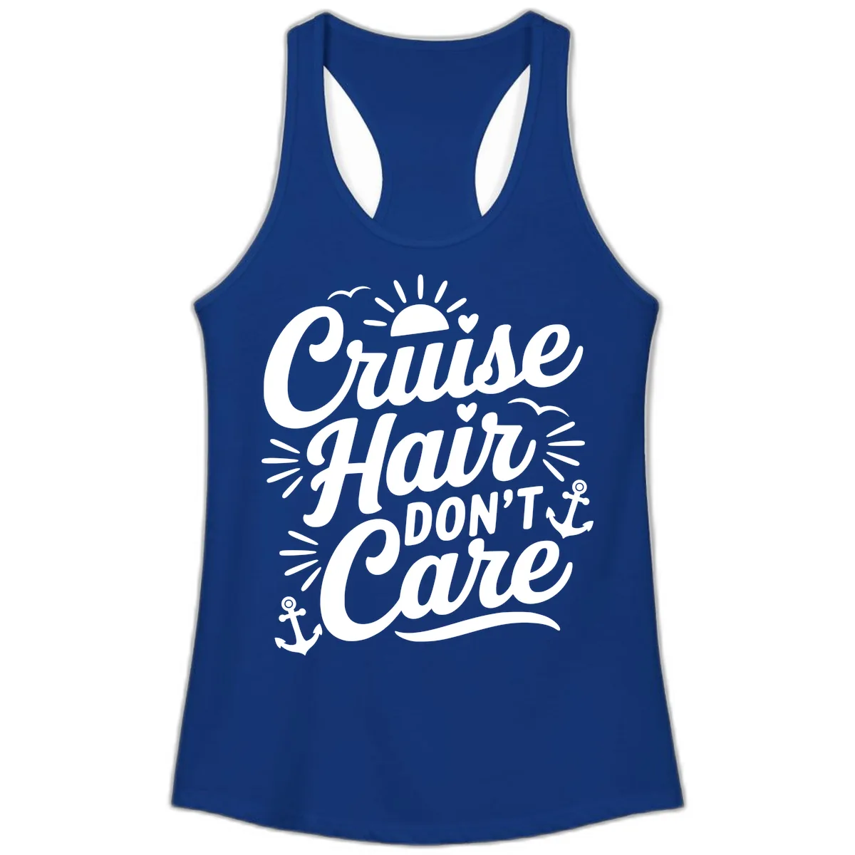 Cruise Hair Don't Care Slogan Ladies Tank in Solid Royal