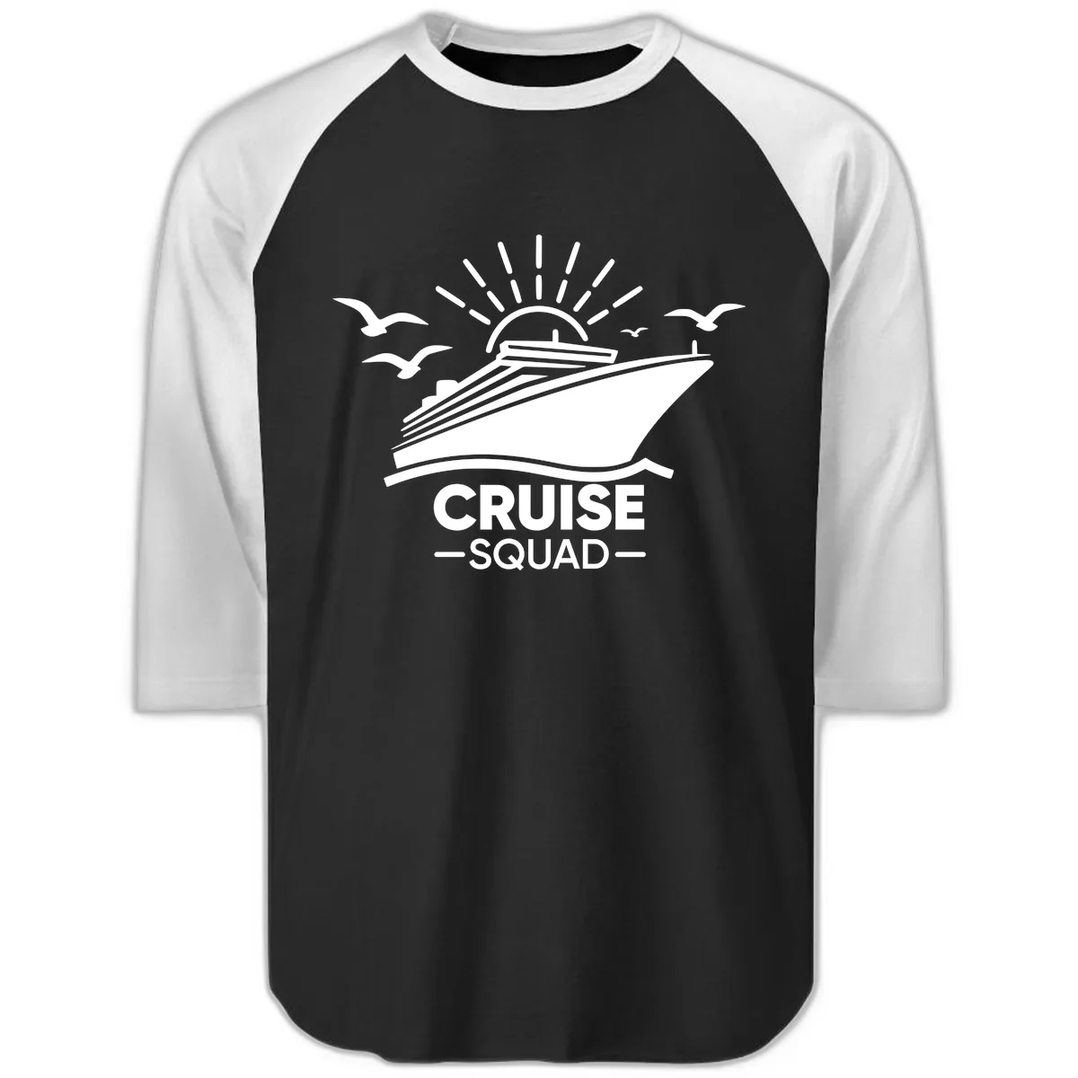 Cruise Squad Ship And Sun Design Raglan 3/4 in Black White