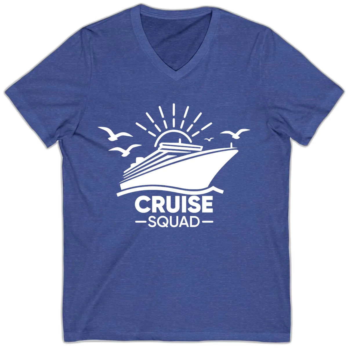 Cruise Squad Ship And Sun Design V-Neck in Heather True Royal
