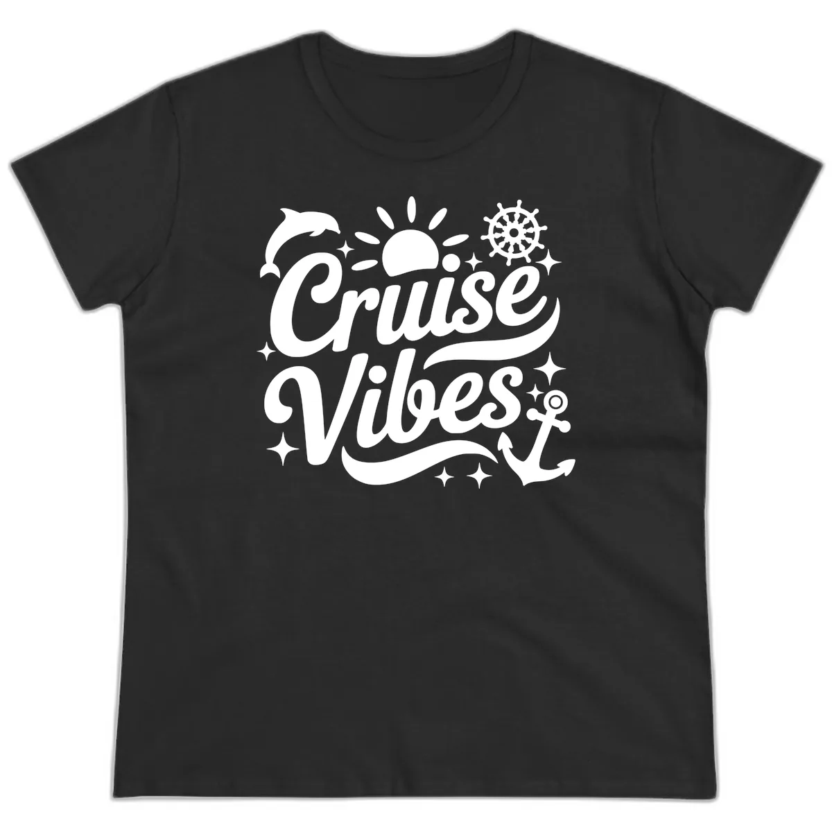 Cruise Vibes Tropical Vacation Design Ladies Tee in Black
