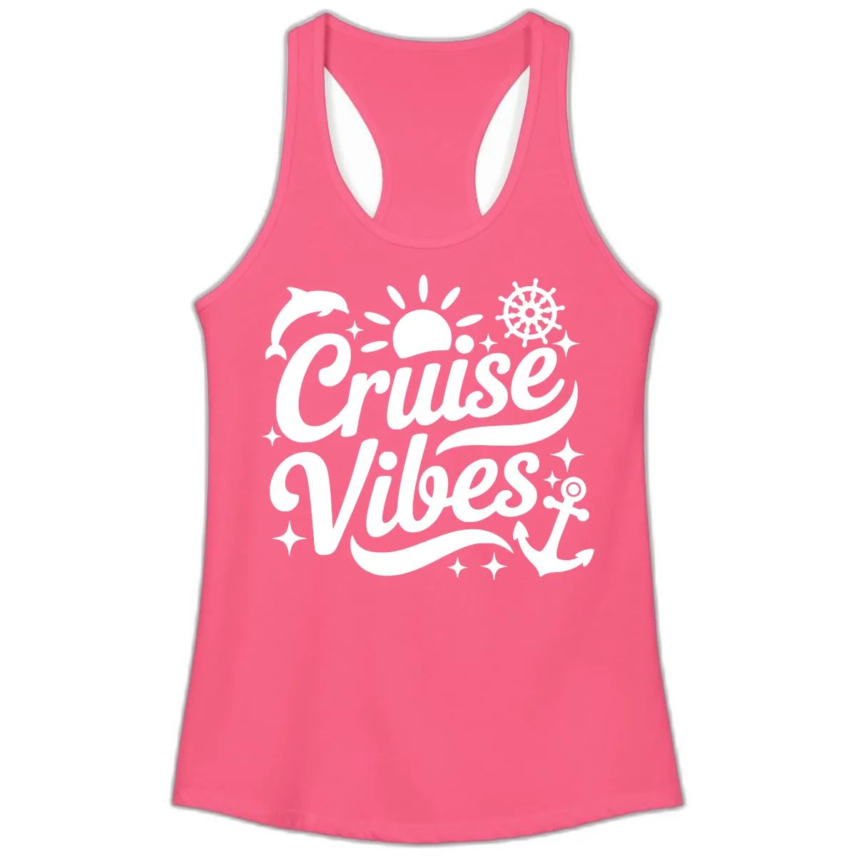 Cruise Vibes Tropical Vacation Design Ladies Tank in Solid Hot Pink