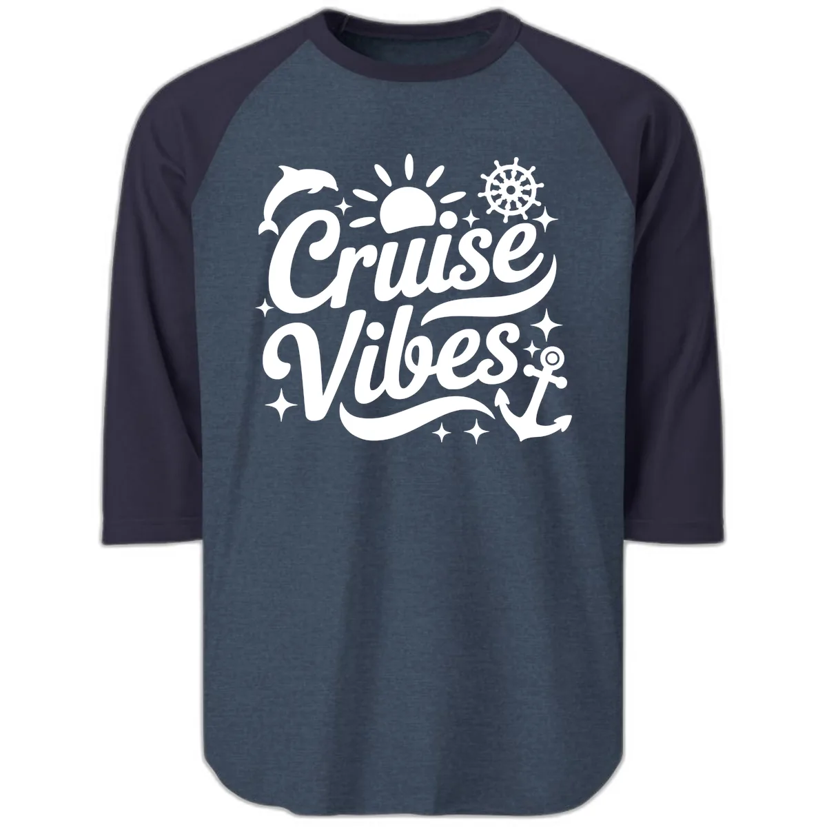 Cruise Vibes Tropical Vacation Design Raglan 3/4 in Heather Denim Navy
