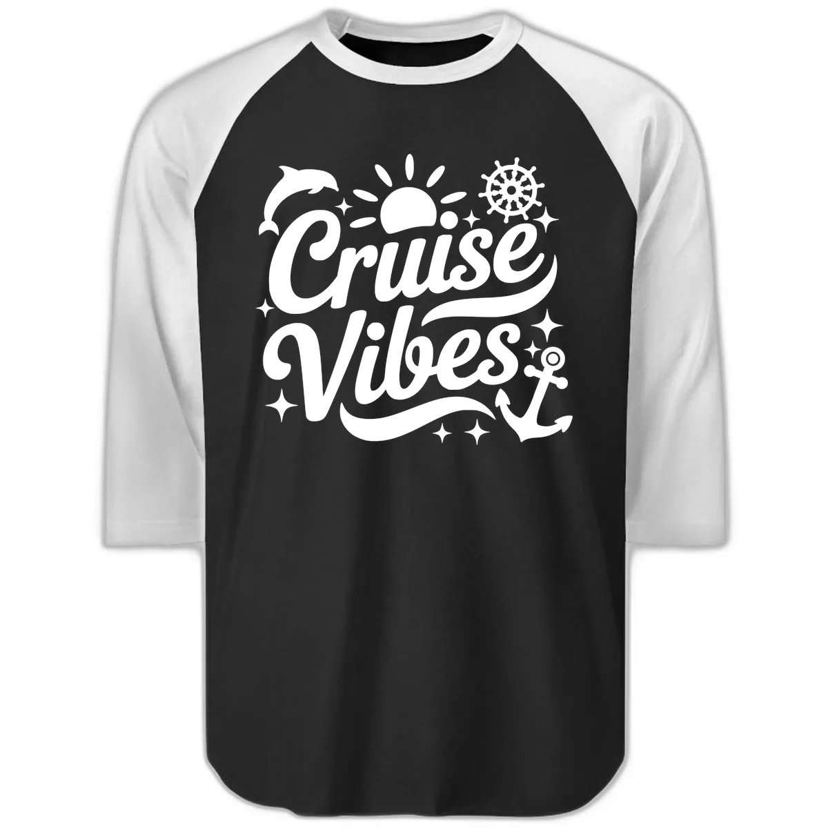 Cruise Vibes Tropical Vacation Design Raglan 3/4 in Black White