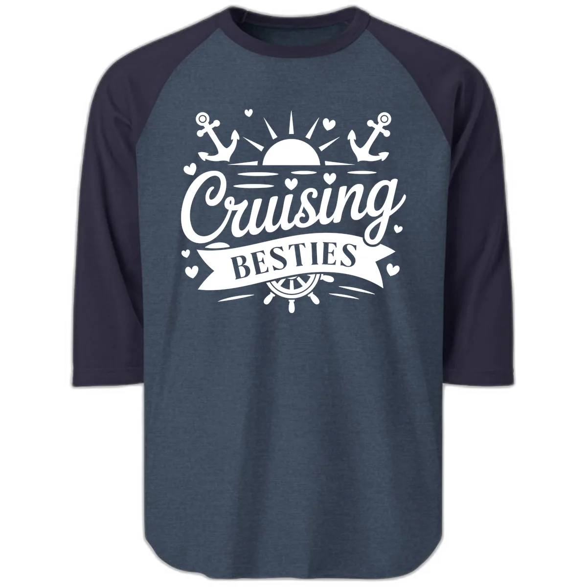 Cruising Besties Vacation Vibes Raglan 3/4 in Heather Denim Navy