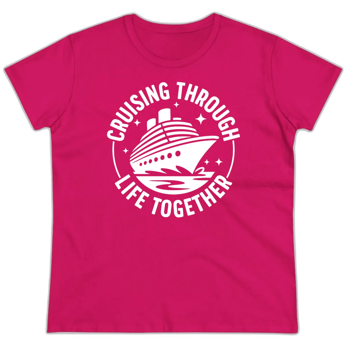 Cruising Through Life Together Design Ladies Tee in Heliconia