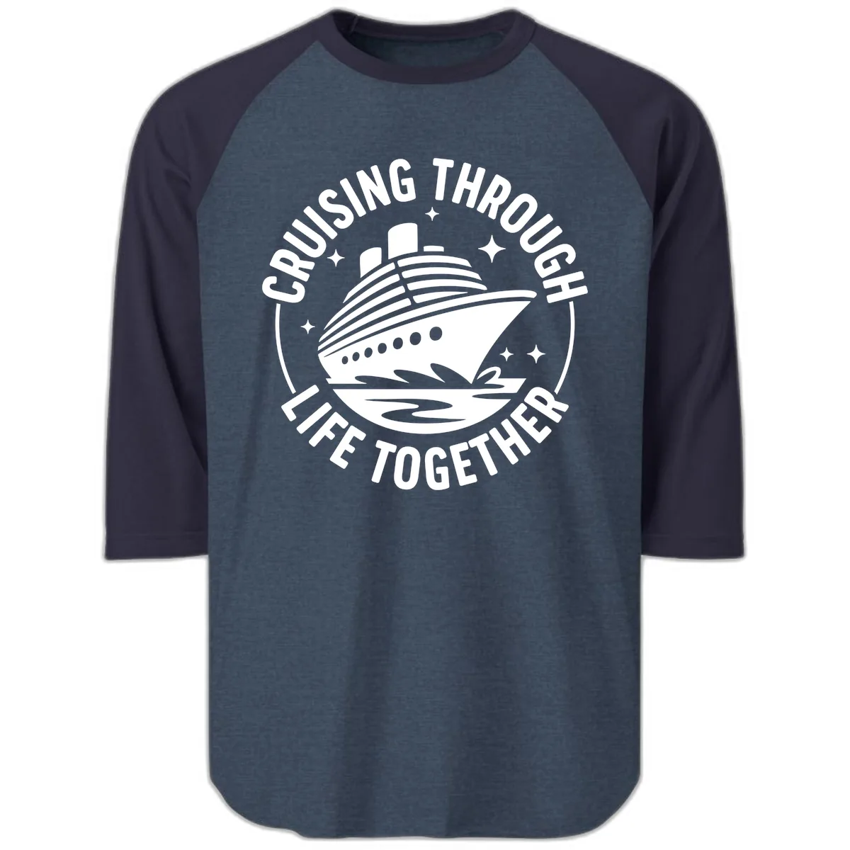 Cruising Through Life Together Design Raglan 3/4 in Heather Denim Navy