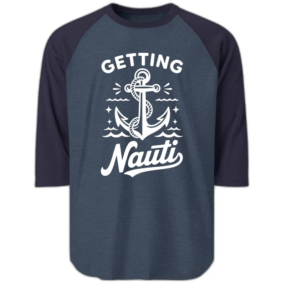 Getting Nauti Anchor Design Raglan 3/4 in Heather Denim Navy