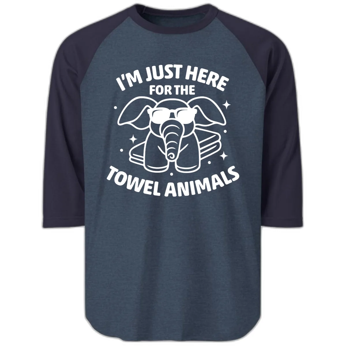 I'm Just Here For The Towel Animals Raglan 3/4 in Heather Denim Navy