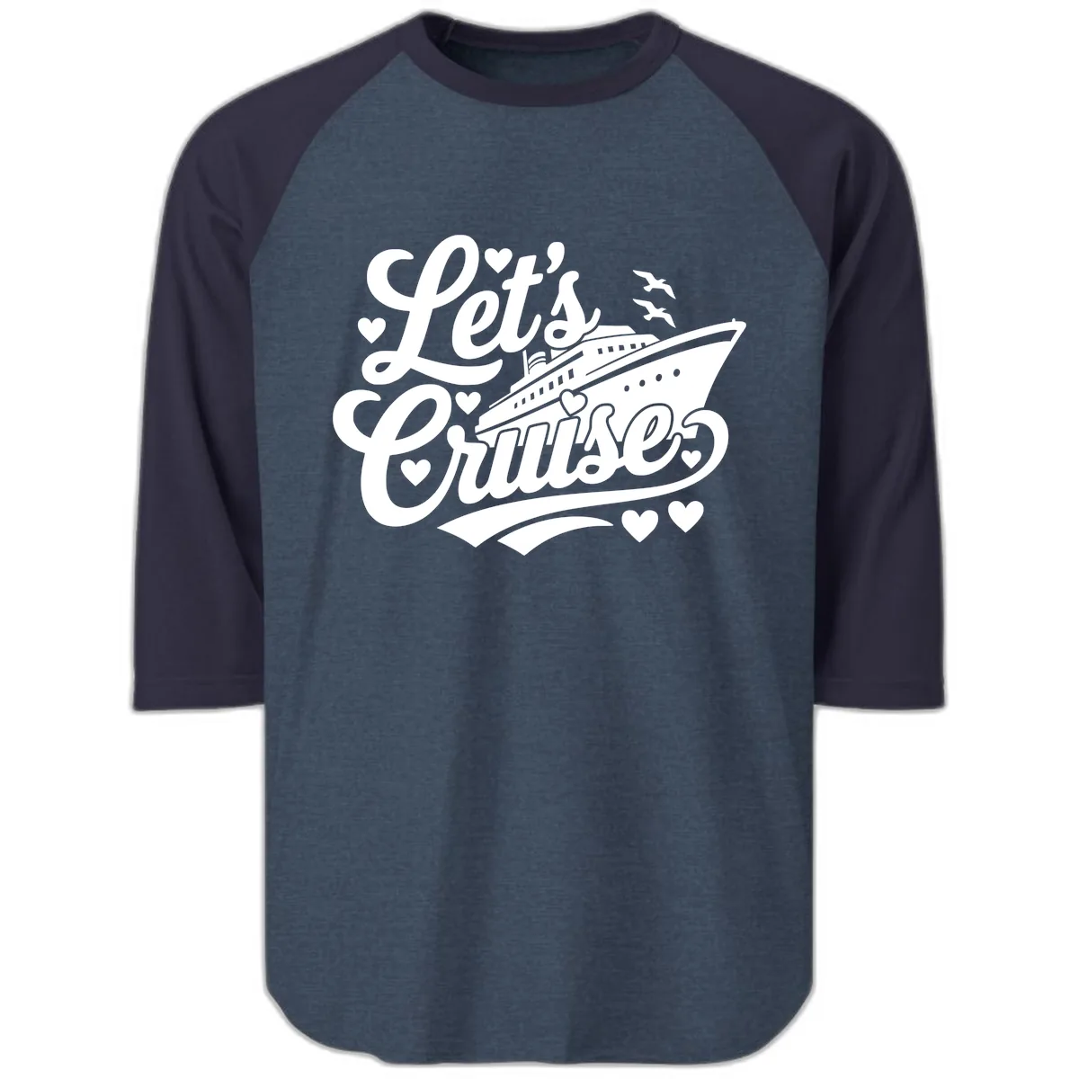 Let's Cruise Ship Design Raglan 3/4 in Heather Denim Navy