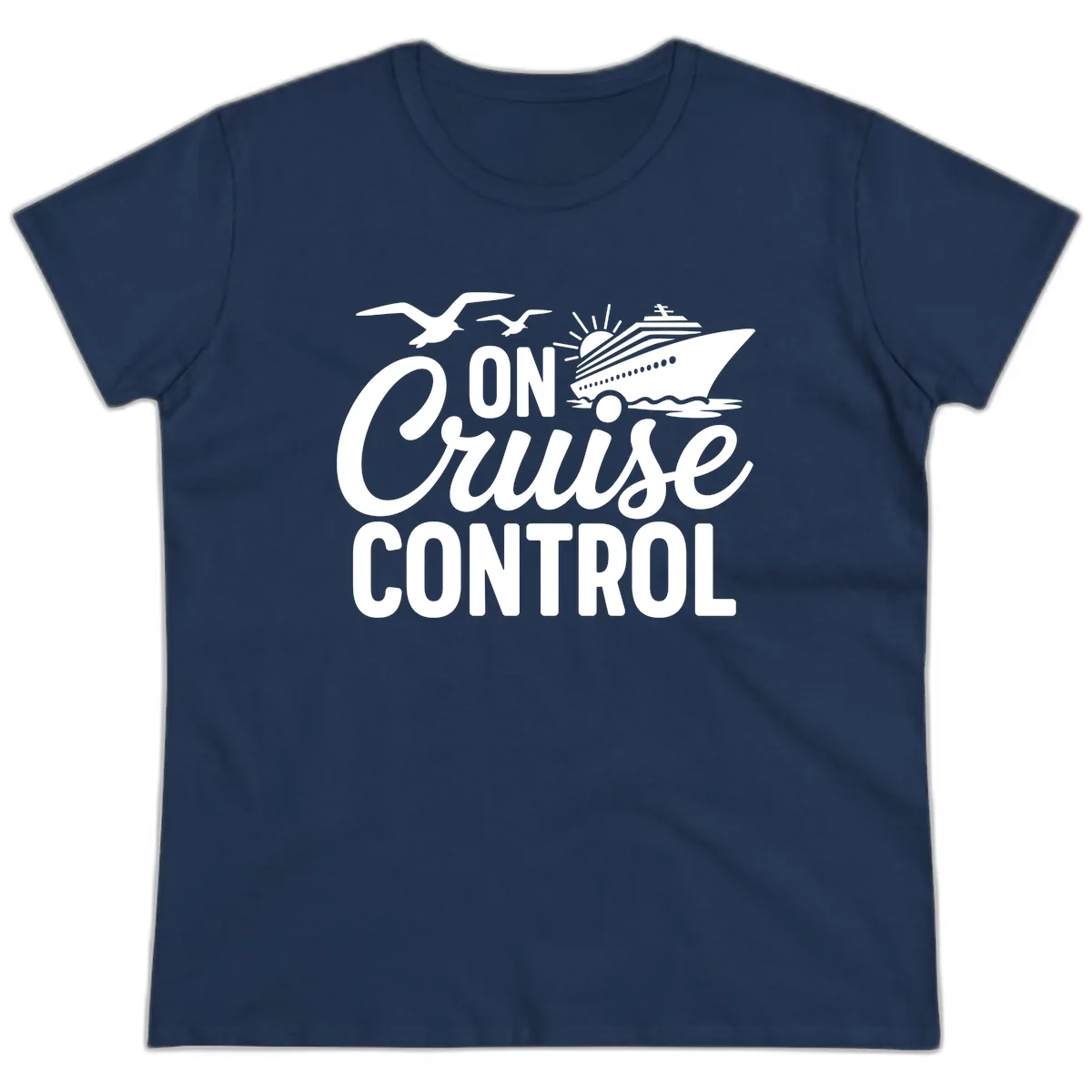 On Cruise Control Slogan Design Ladies Tee in Navy
