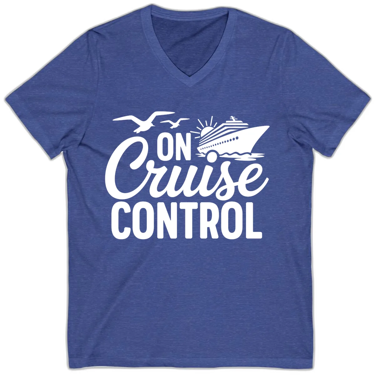 On Cruise Control Slogan Design V-Neck in Heather True Royal
