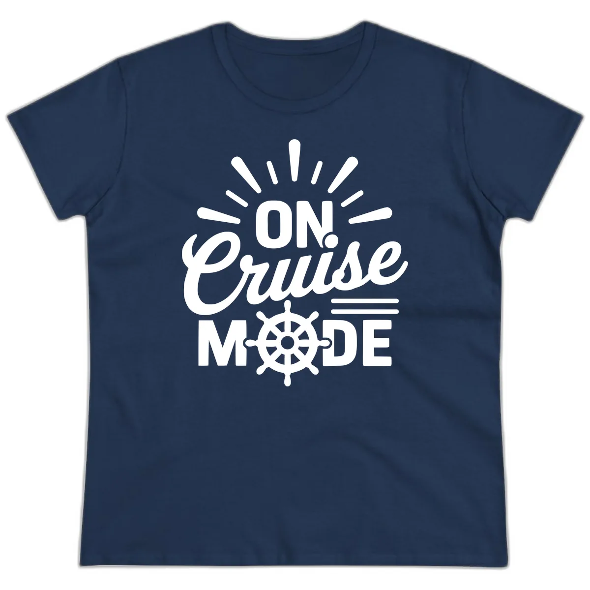 On Cruise Mode Ship Wheel Design Ladies Tee in Navy