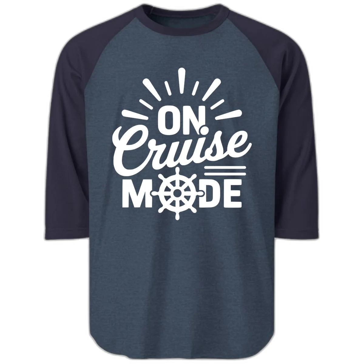 On Cruise Mode Ship Wheel Design Raglan 3/4 in Heather Denim Navy