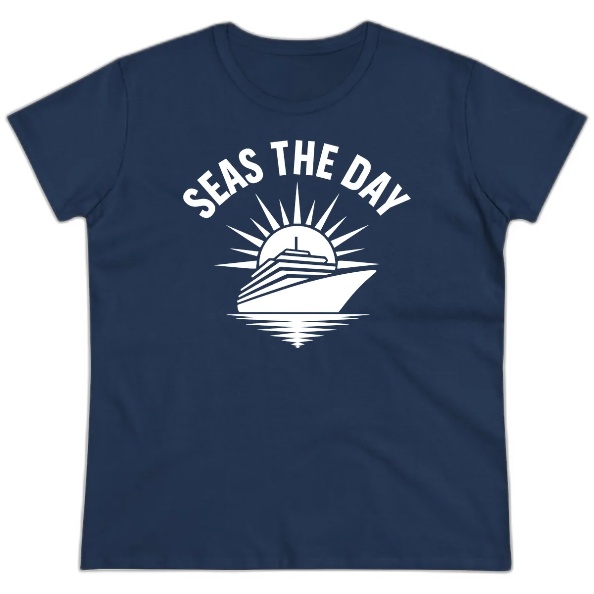 Seas The Day Cruise Ship Design Ladies Tee in Navy