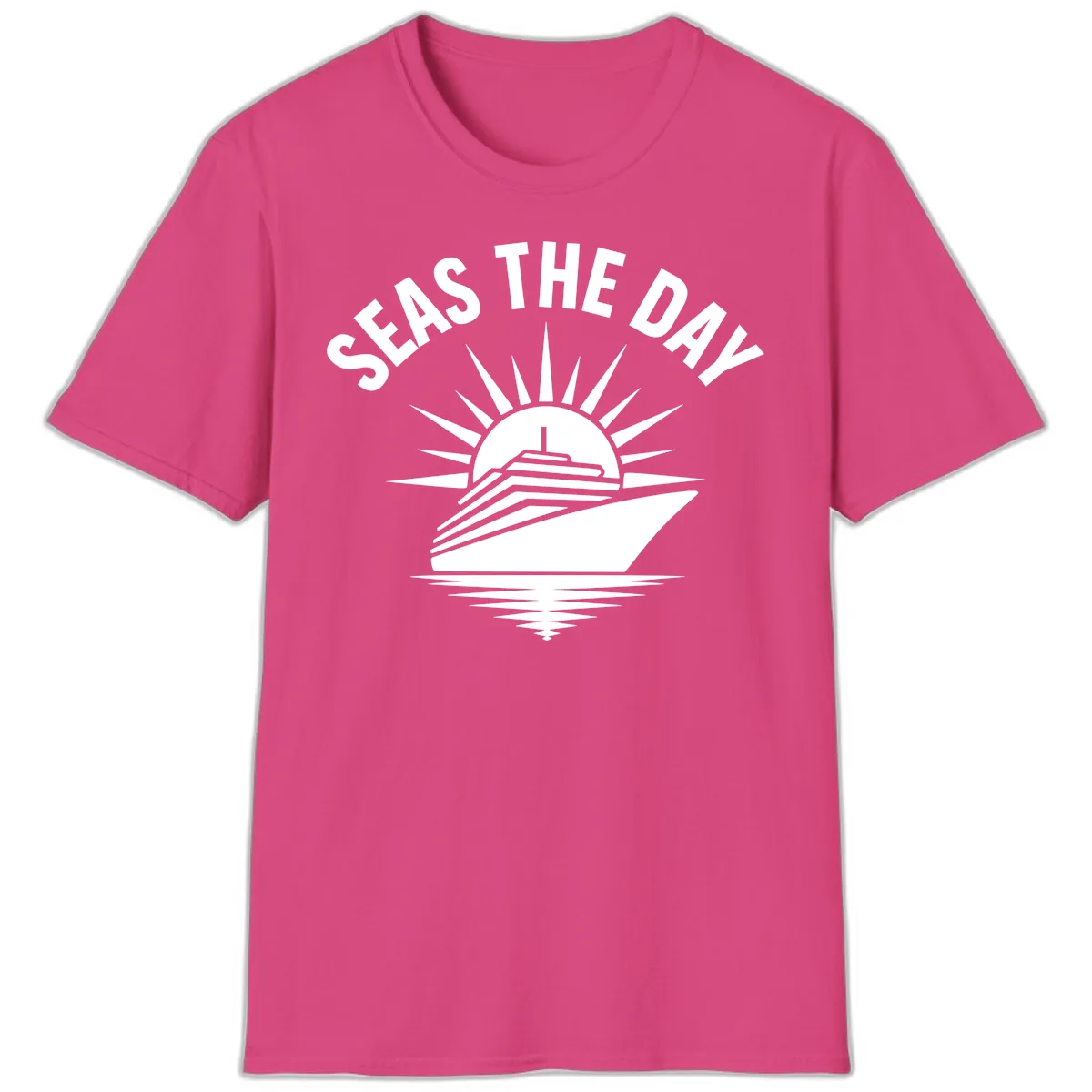 Seas The Day Cruise Ship Design T-Shirt in Heliconia