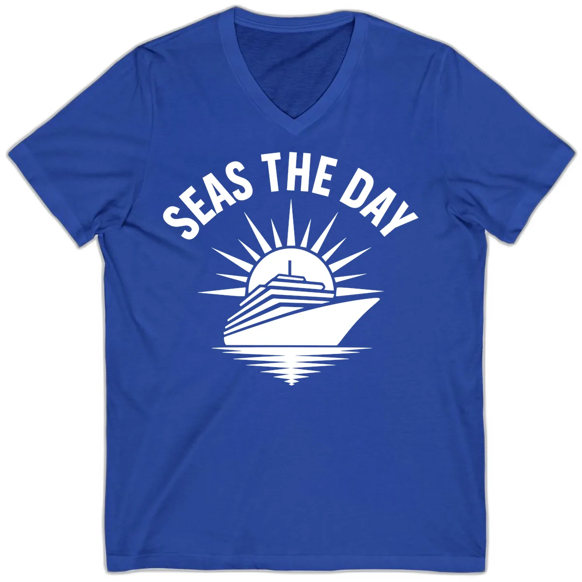 Seas The Day Cruise Ship Design V-Neck in True Royal