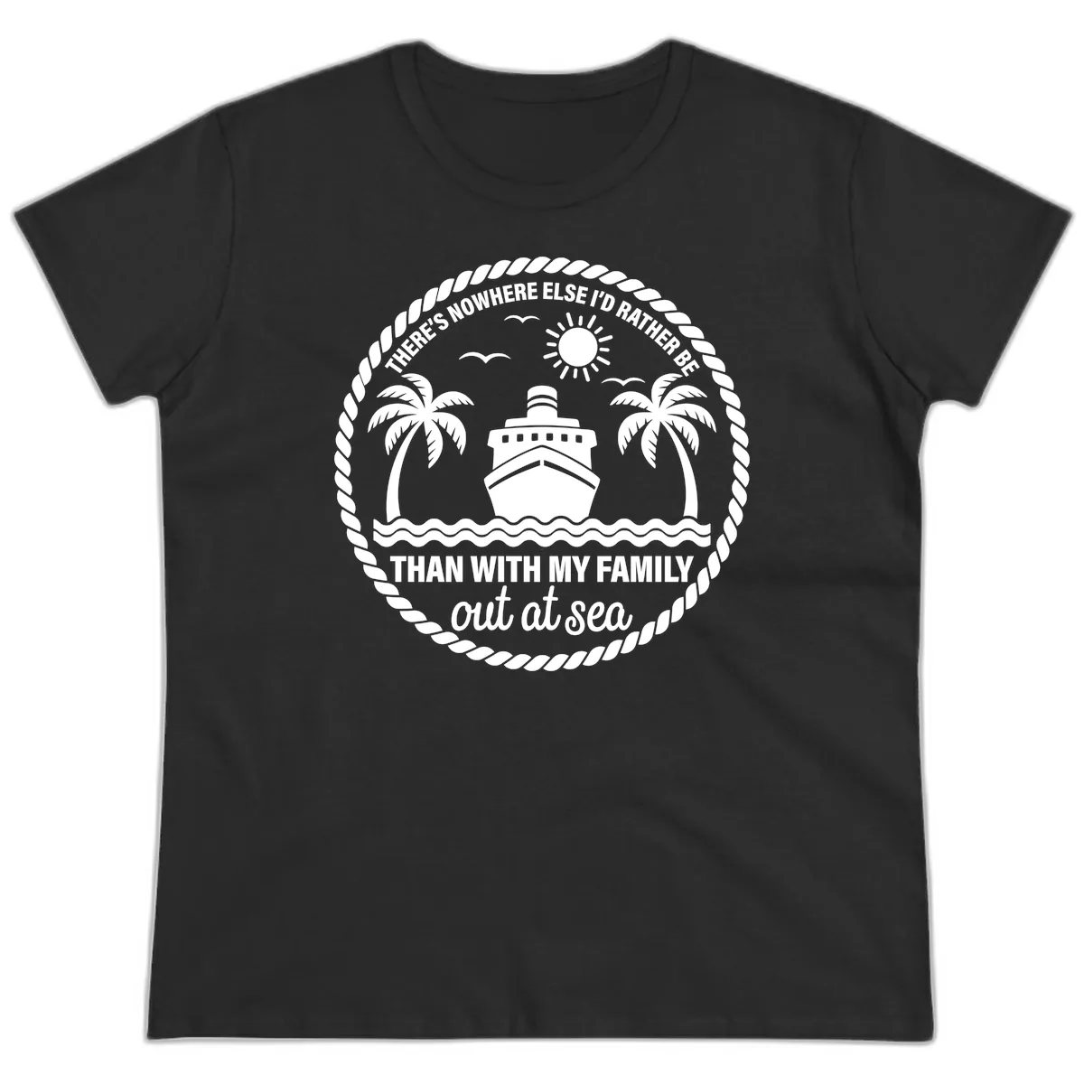 Family Cruise Out At Sea Design Ladies Tee in Black