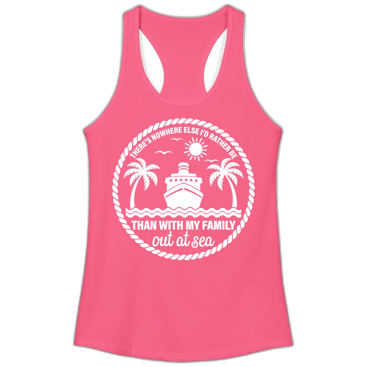 Family Cruise Out At Sea Design Ladies Tank in Solid Hot Pink