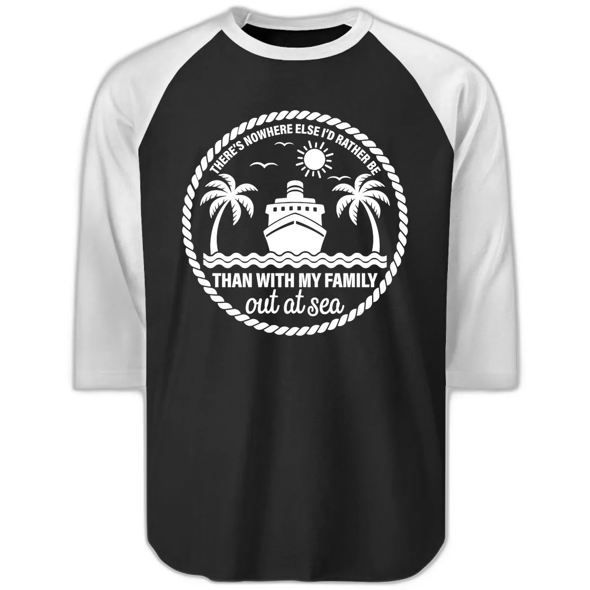 Family Cruise Out At Sea Design Raglan 3/4 in Black White