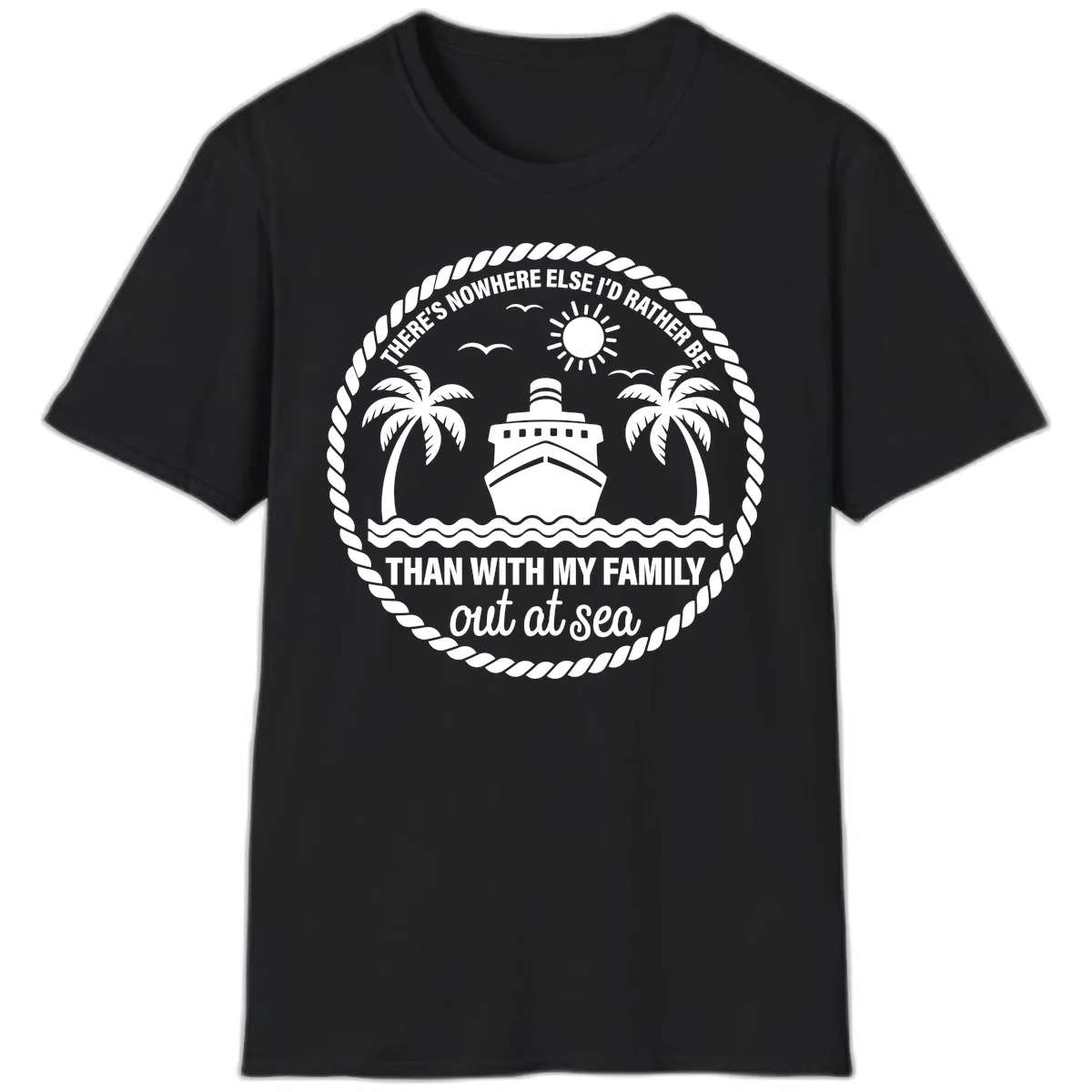 Family Cruise Out At Sea Design T-Shirt in Black
